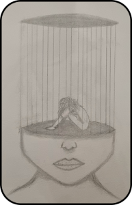 Dessin au crayon d'une personne piégée dans une cage au-dessus d'une tête.