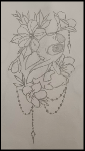 Dessin au trait d'un personnage de dessin animé, stitch, entouré de fleurs et d'éléments décoratifs.